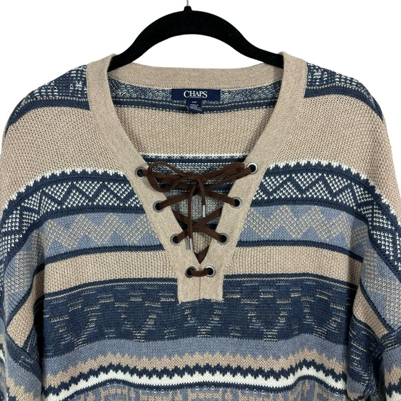 Chaps Western Sweater Blue Tan Pullover Striped Neckline Crisscross Tie Size L - Picture 5 of 8